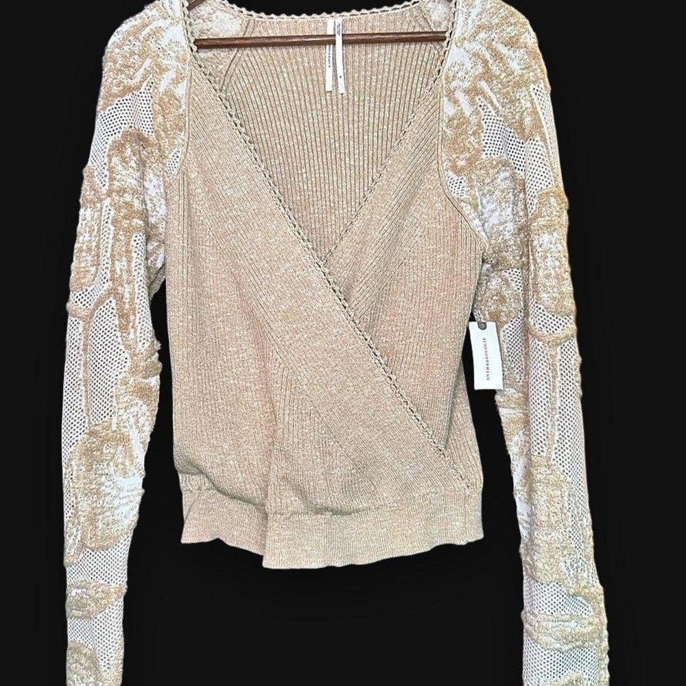 Anthropologie NWT Beige Textured Knit Wrap Long Sleeve Top XL